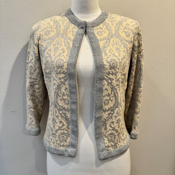 Vintage Tannel Knits Ivory & Matallic Silver Cardigan Sweater Size S - Picture 3 of 9
